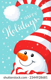Saludo de los vectores de los hombres de nieve. Cuidada tarjeta de felicitación de Navidad con muñeco de nieve en sombrero. Tarjeta de saludo con hombres de nieve y nevadas. Ilustración para el diseño navideño.