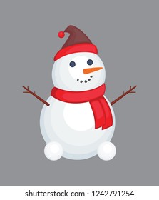 Vector. Snowman in a hat. Cheerful snowman.