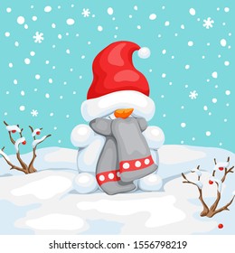 Vector snowman with hat on eyes. Snowman greeting. Cute Christmas greeting card with snowman. Greeting card with snowmen and snowfall. Illustration for Christmas design.