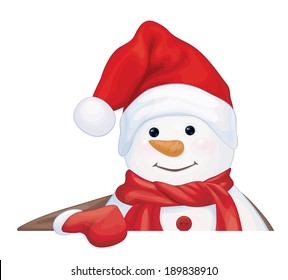 Vector  snowman hiding by blank isolated.