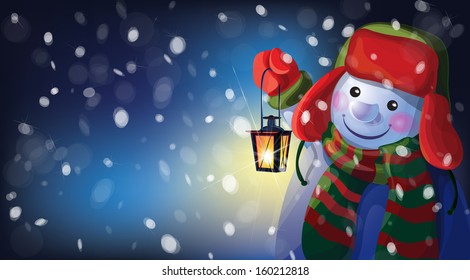 Vector snowman holding Christmas lantern on snowfall background.