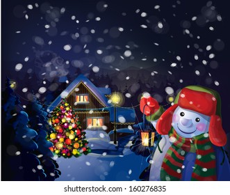 Vector snowman holding  lantern on Christmas scene background. 