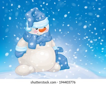 Vector snowman holding sack on snowfall background.