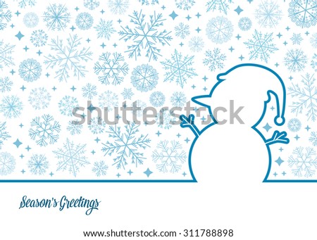 Vector snowman illustration with snowflake background. Greeting card with Season's Greeting text.