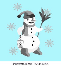 Vector - Snowman with lantern. Snowflakes falling from the sky.