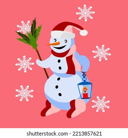 Vector - Snowman with lantern. Snowflakes falling from the sky.