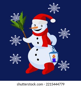 Vector - Snowman with lantern. Snowflakes falling from the sky.