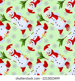 Vector - snowman with lantern and snowflakes, seamless pattern.