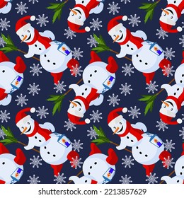 Vector - snowman with lantern and snowflakes, seamless pattern.