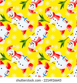 Vector - snowman with lantern and snowflakes, seamless pattern.