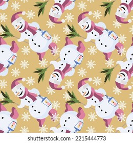 Vector - snowman with lantern and snowflakes, seamless pattern.