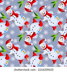 Vector - snowman with lantern and snowflakes, seamless pattern.