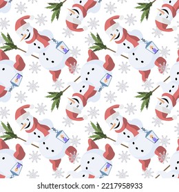 Vector - snowman with lantern and snowflakes, seamless pattern.
