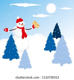 vector snowman with letter in the forest