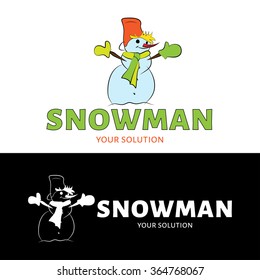 Vector snowman logo. Snowman in mittens and with a bucket on his head