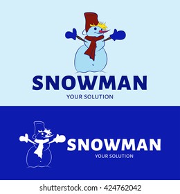 Vector snowman logo. Snowman in mittens and with a bucket on his head