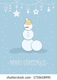 Vector snowman. Merry christmas and happy new year greeting card with copy-space.Happy snowman standing in winter christmas landscape. Snow background