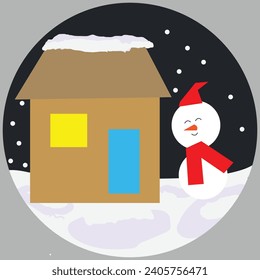 Vector snowman next to a house in a snowdrift