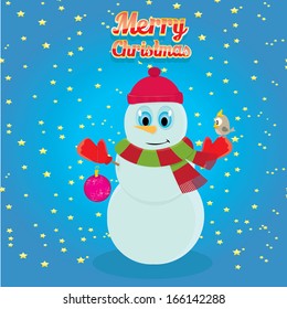 Vector snowman on blue sky background with stars. 