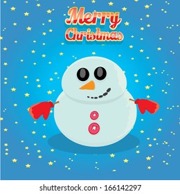 Vector snowman on blue sky background with stars. 