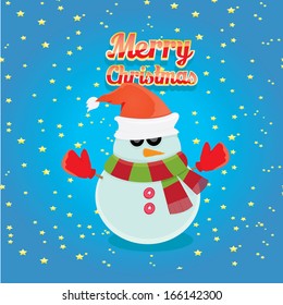 Vector snowman on blue sky background with stars. 