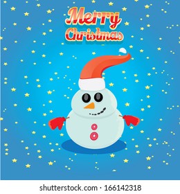 Vector snowman on blue sky background with stars. 