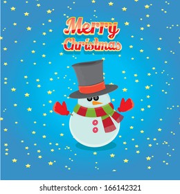 Vector snowman on blue sky background with stars. 