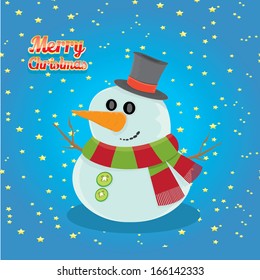 Vector snowman on blue sky background with stars. 