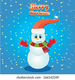 Vector snowman on blue sky background with stars. 