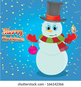 Vector snowman on blue sky background with stars. 