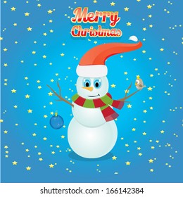 Vector snowman on blue sky background with stars. 