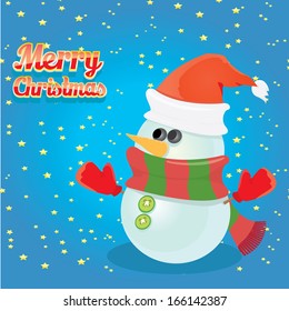 Vector snowman on blue sky background with stars. 