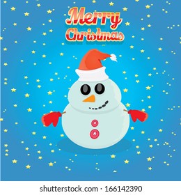 Vector snowman on blue sky background with stars. 