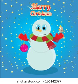 Vector snowman on blue sky background with stars. 