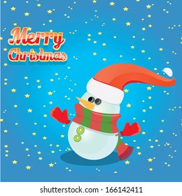 Vector snowman on blue sky background with stars. 