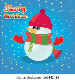 Vector snowman on blue sky background with stars. 