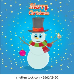 Vector snowman on blue sky background with stars. 