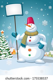 Vector snowman on winter landscape