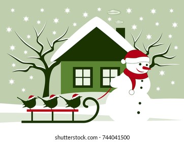 vector snowman pulling sledge with birds in snowy landscape