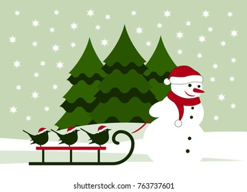 vector snowman pulling sledge with birds in snowy landscape