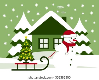 vector snowman pulling sledge with christmas tree