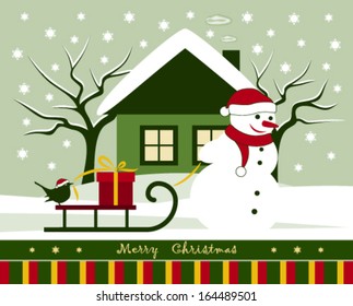 vector snowman pulling sledge with gift and bird