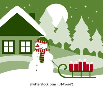 vector snowman pulling sledge with gifts