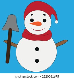 vector snowman in red hat with shovel on blue background