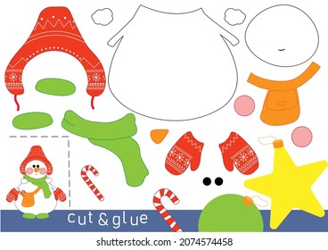 Vector snowman in scarf and gloves. Paper educational game for kids. Vector cut and glue activity.Holiday DIY worksheet.