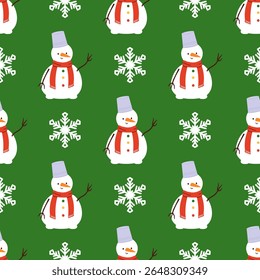Vector snowman seamless pattern. Hand drawn snowman with red scarf and bucket on green background with snowflakes