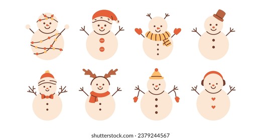 Un muñeco de nieve vectorial. Personajes de snowman graciosos de Navidad. Colección de adorables muñecos de nieve de invierno usando sombrero y bufanda en diseño plano.