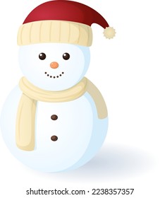 Vektor Snowman mit Schatten in einem Hut und Schal lächelt. Einzeln auf transparentem Hintergrund. 