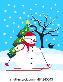 vector snowman skier carrying christmas tree and bird in snowy landscape