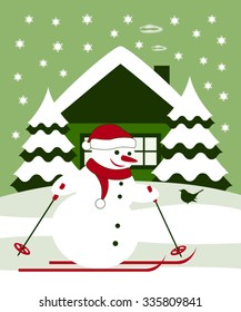 vector snowman skier in snowy landscape